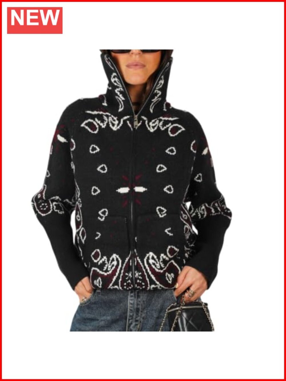 Zip Up Cardigan Sweater Women Stand Collar Long Sleeve Knit Jacket